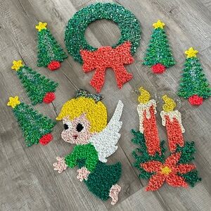 Vintage Lot CHRISTMAS Melted plastic/ popcorn Wreath Candles Angel Trees